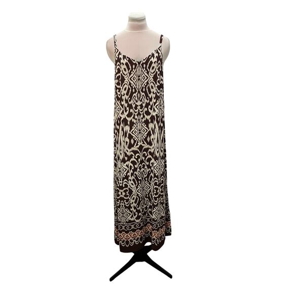MSK Chocolate Brown Cream Sleeveless Maxi Dress MEDIUM Rayon Flowy Boho Hippie - Picture 1 of 6